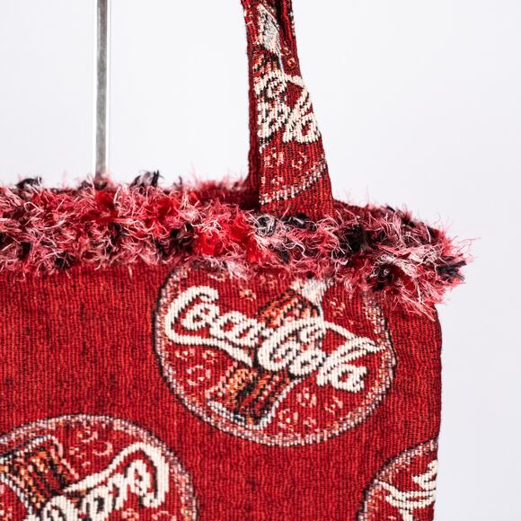 DIY Handmade Coca-Cola Fabric Handbag Quilted Lining Fringe Trim Red - Picture 1 of 6